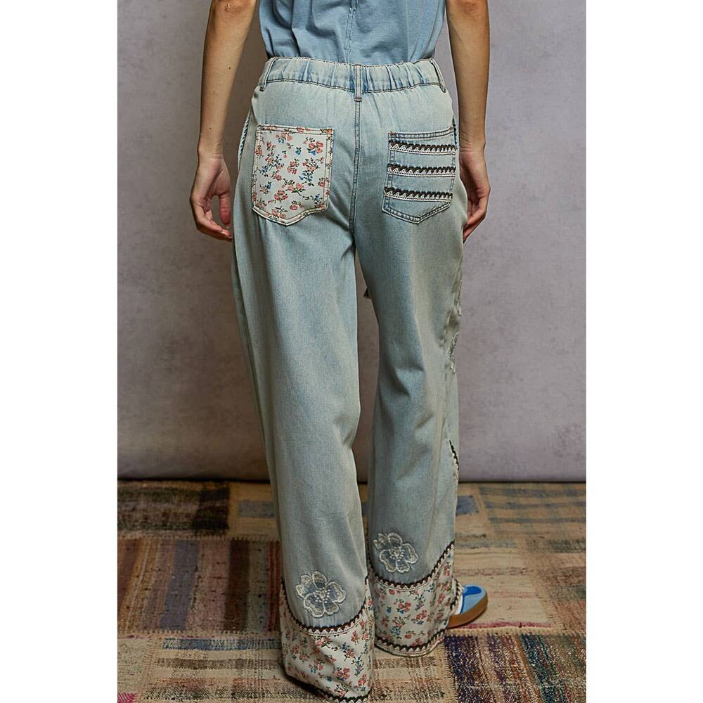 Pol Clothing Floral patches embroidery elastic band casual pant - Picture 3 of 7